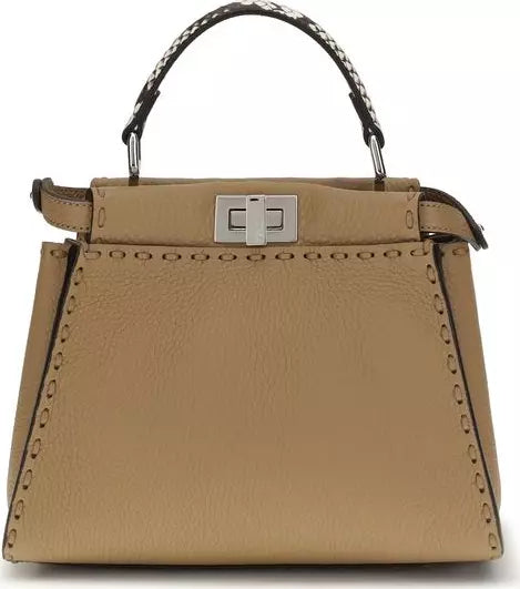Fendi Peekaboo Mini beige calf leather handbag with twist-lock closure and Selleria plaque