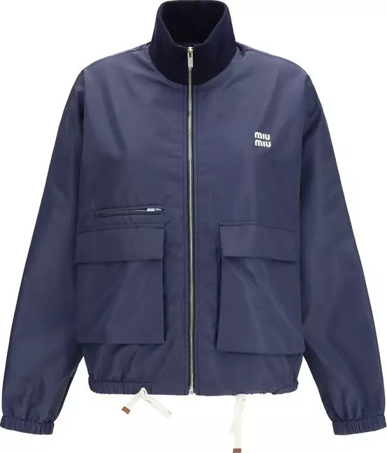 Navy blue jacket with a brand logo on a white background