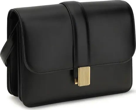 Black handbag with a gold clasp on a white background