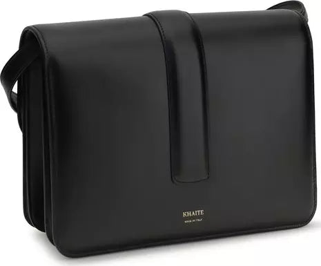 Black leather bag with 'Khaite' branding on a white background