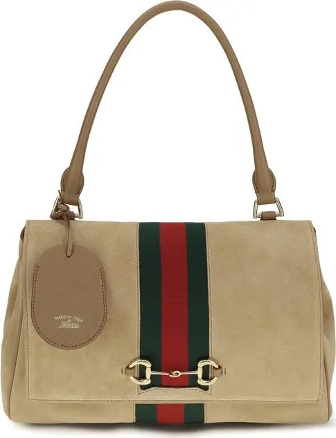 Gucci Paparazzo medium beige suede handbag with Web stripe and Horse-bit detail