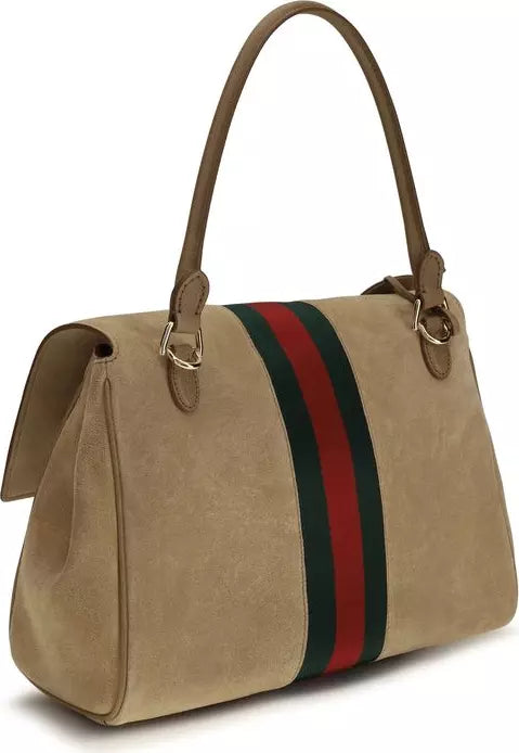Beige handbag with a colorful stripe on a white background