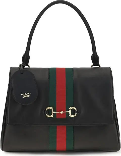 Gucci black calf leather Paparazzo medium handbag with Web stripe and horsebit detail