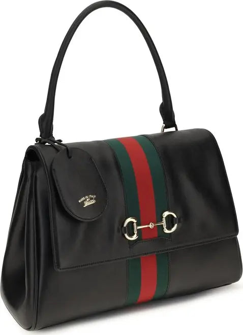Gucci black calf leather Paparazzo medium handbag with Web stripe and horsebit detail