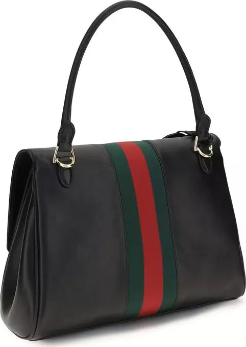 Black handbag with red and green stripes on a white background