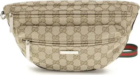 Gucci Beige GG Canvas Tag Shoulder Bag with signature Web stripe and silver-tone hardware
