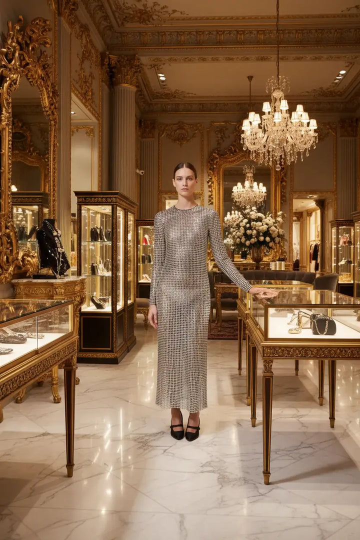 Dolce & Gabbana Beige Crystal Embellished Long Gown Dress in elegant Italian designer evening wear styling
