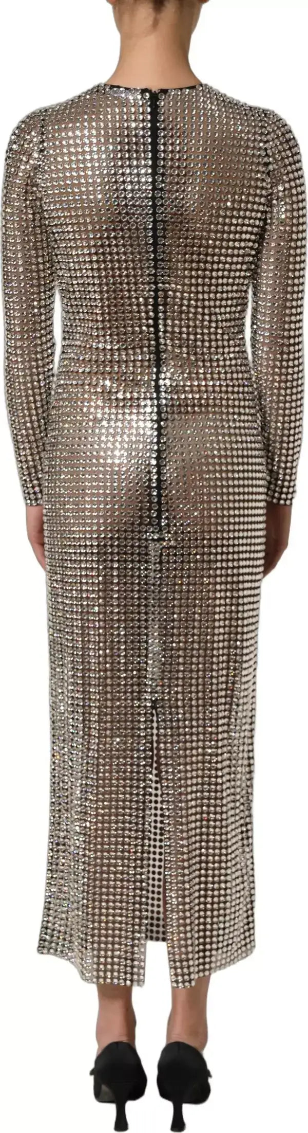 Long, sheer metallic dress with a pattern on a plain background