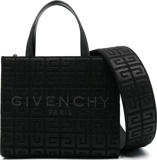 Givenchy Black Cotton Tote Bag with embroidered monogram pattern and signature 4G emblem, made in Italy.