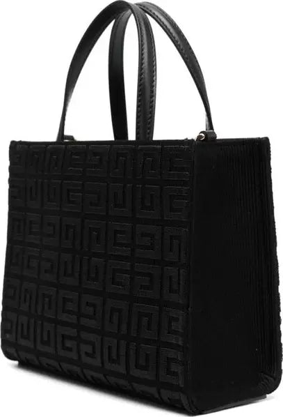 Givenchy Black Cotton Tote Bag with embroidered monogram pattern and signature 4G emblem, made in Italy.