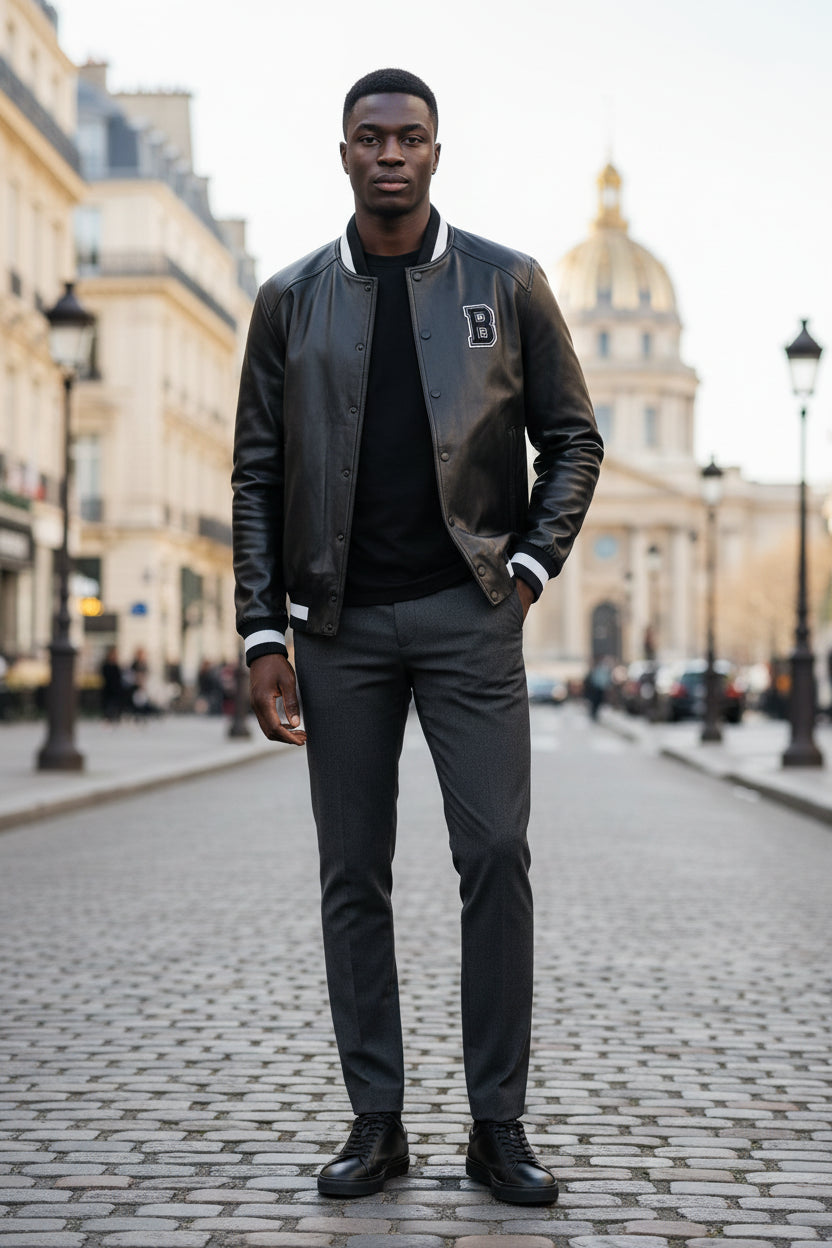 Balmain Black and White Leather and Wool Bomber Jacket