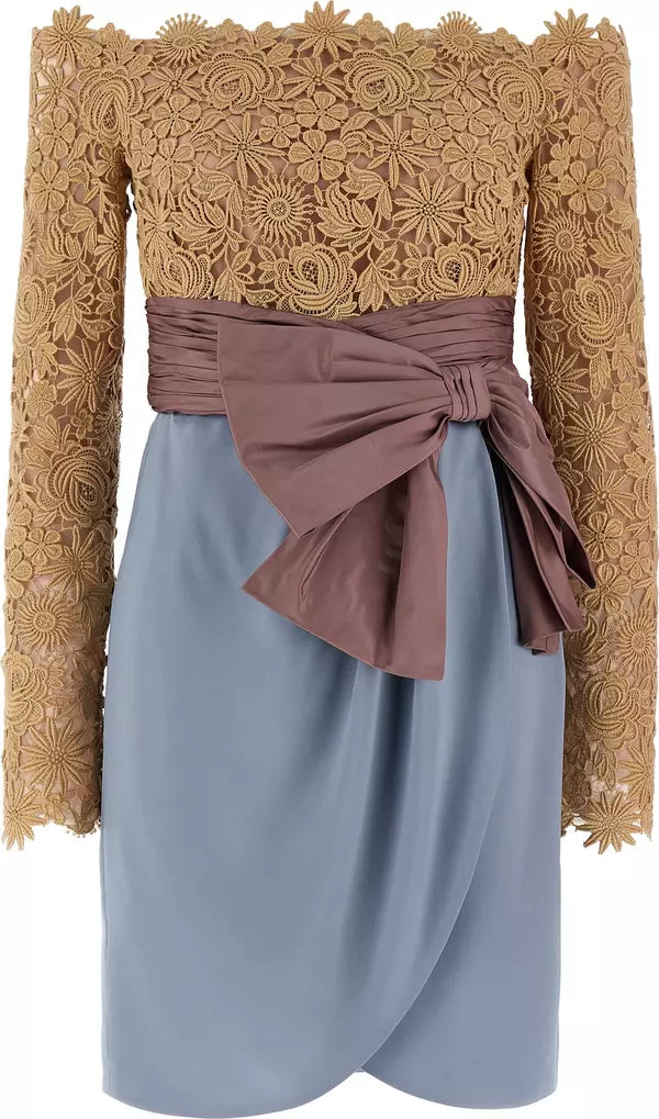 Dress with lace top and blue skirt on a white background