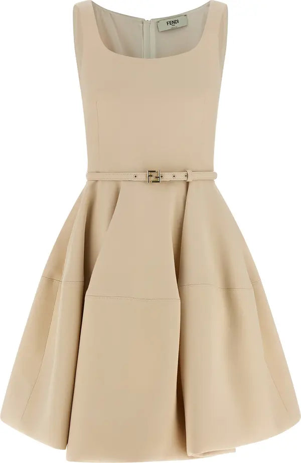Beige dress with a belt on a white background
