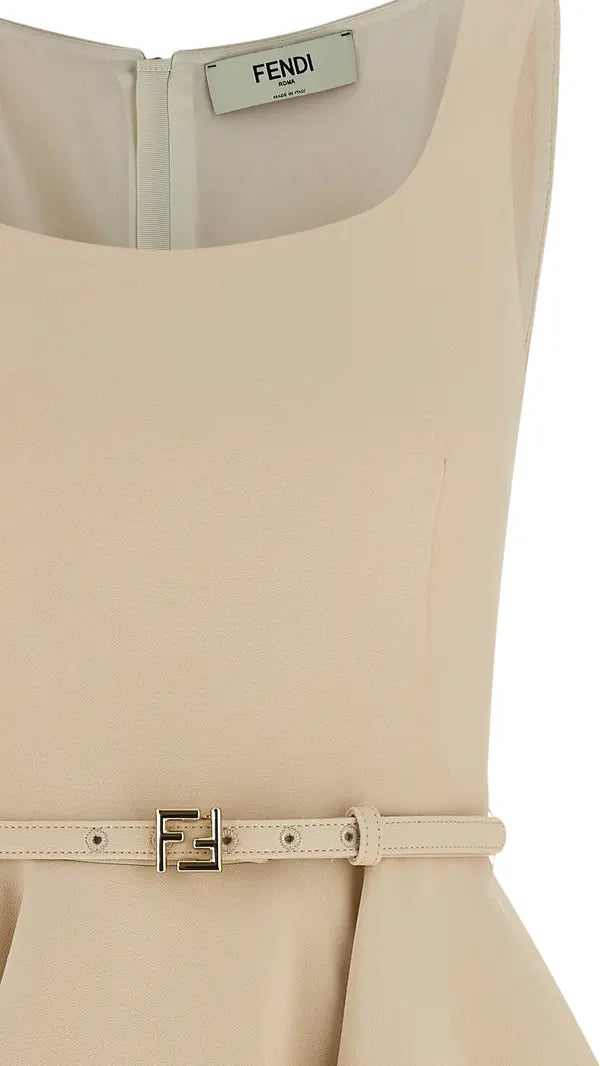 Beige dress with a belt and Fendi logo on a white background