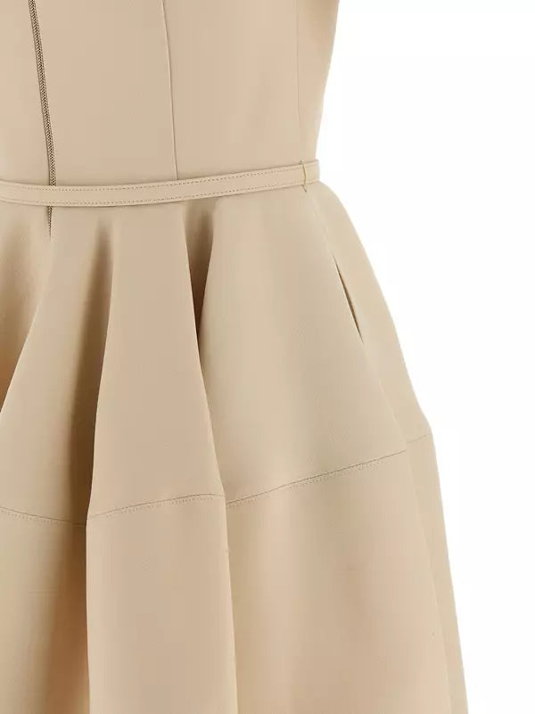 Fendi Beige Wool & Silk Mini Dress – Belted Designer Dress with FF Buckle | STORE 7994