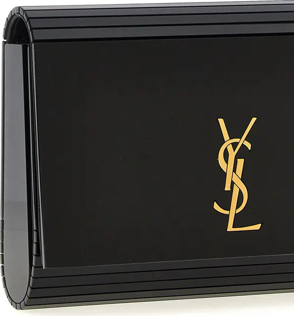 Black clutch with gold logo on a white background