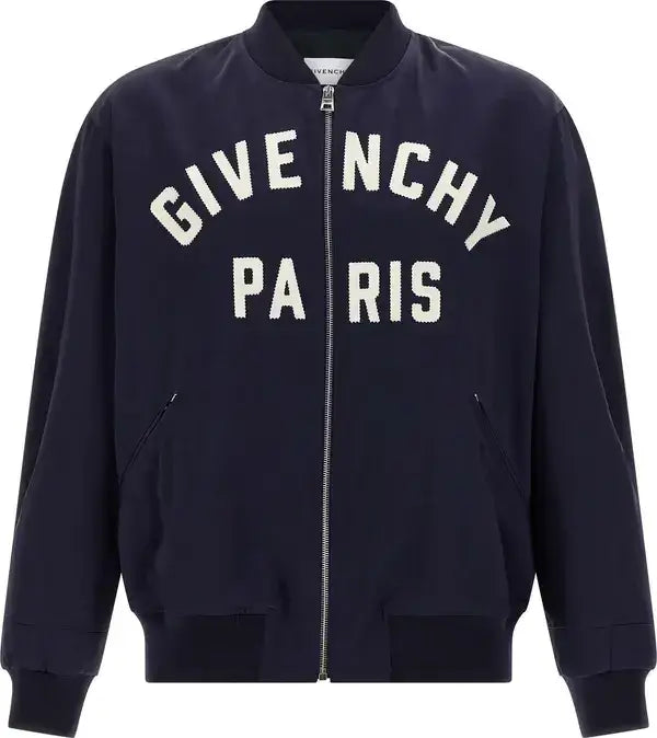Givenchy blue satin bomber jacket with front logo patch and ribbed knit trim