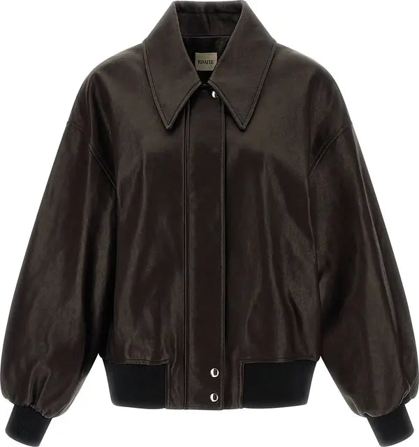 Khaite Shelman Brown Lamb Leather Bomber Jacket