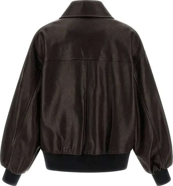 Khaite Shelman Brown Lamb Leather Bomber Jacket