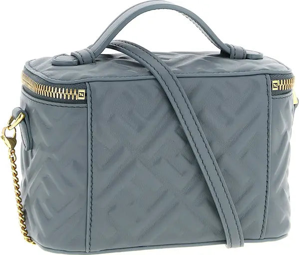 Gray quilted handbag with gold accents on a white background