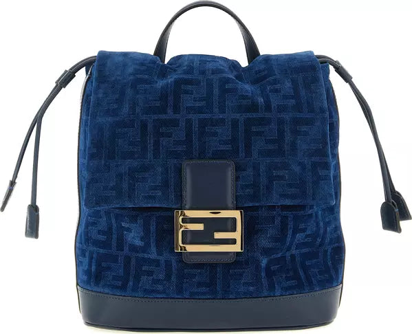 Blue textured handbag with a gold clasp on a white background