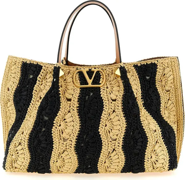 Valentino Garavani VLogo Signature Beige Raffia Handbag