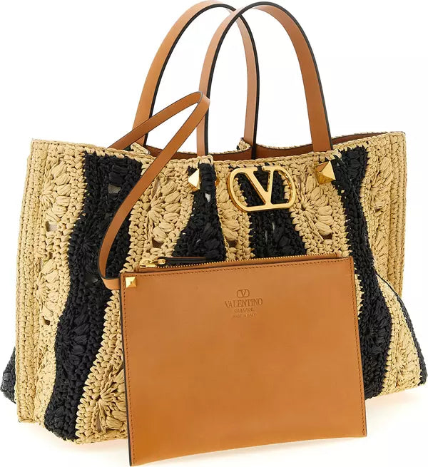Valentino Garavani VLogo Signature Beige Raffia Handbag
