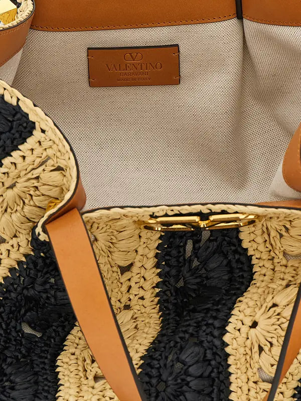 Inside Valentino Garavani VLogo Signature Beige Raffia Handbag