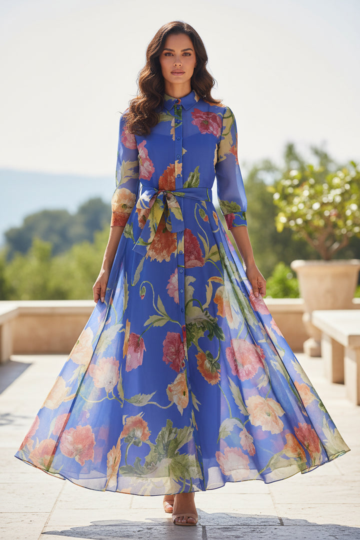 Carolina Herrera Blue Silk Organza Poppies Print Long Dress | STORE 7994