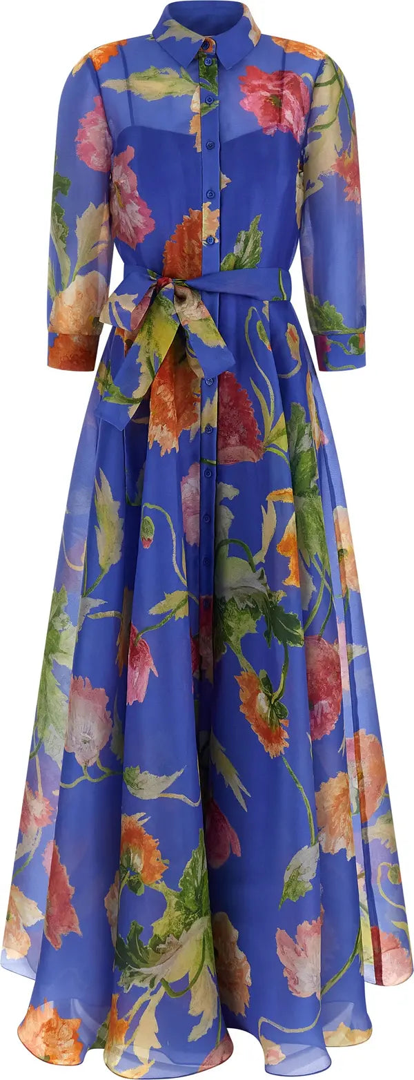 Carolina Herrera Blue Silk Organza Poppies Print Long Dress | STORE 7994