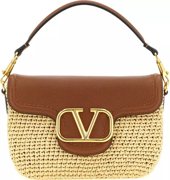Valentino Garavani Alltime Shoulder Bag Brown Raffia & Leather