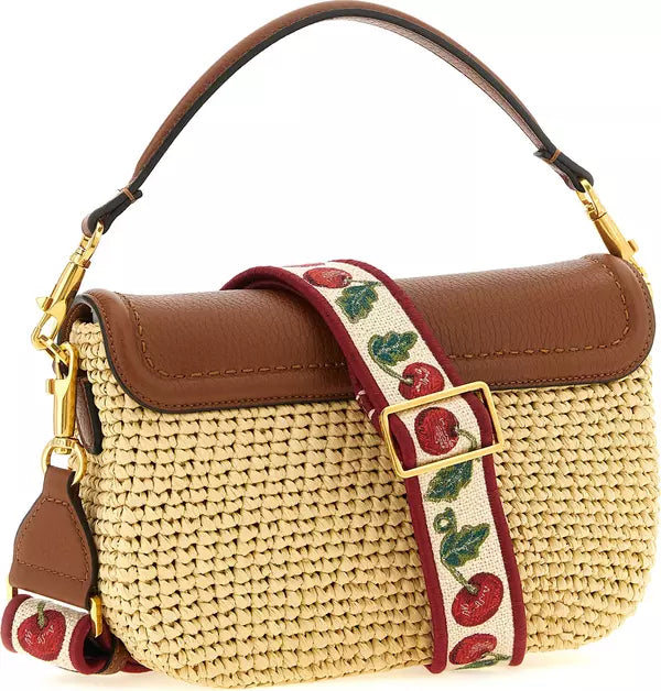 Valentino Garavani Alltime Shoulder Bag Brown Raffia & Leather