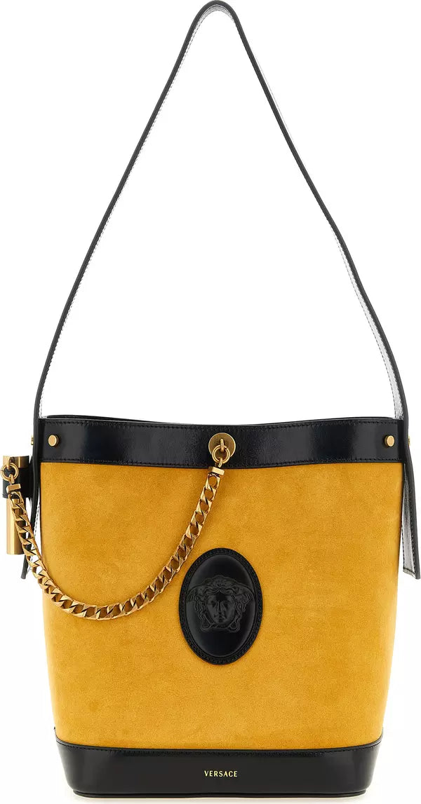 Versace Small Pivot Bucket Bag Yellow Calfskin Leather