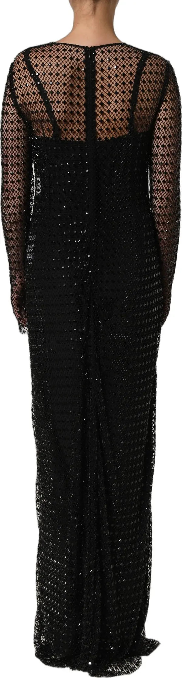 A black long-sleeve maxi dress with a sheer, open-knit mesh pattern and a sequined beaded bodice, shown from the back on a model.