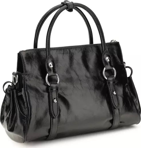 A black faux-leather handbag with double top handles, silver-tone hardware, and a textured finish, shown against a plain white background.