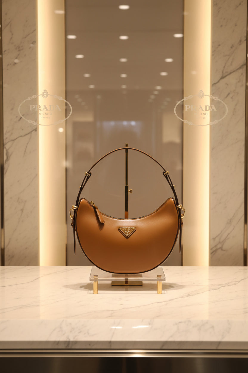 Brown Prada handbag displayed in a store window with marble walls and lighting.