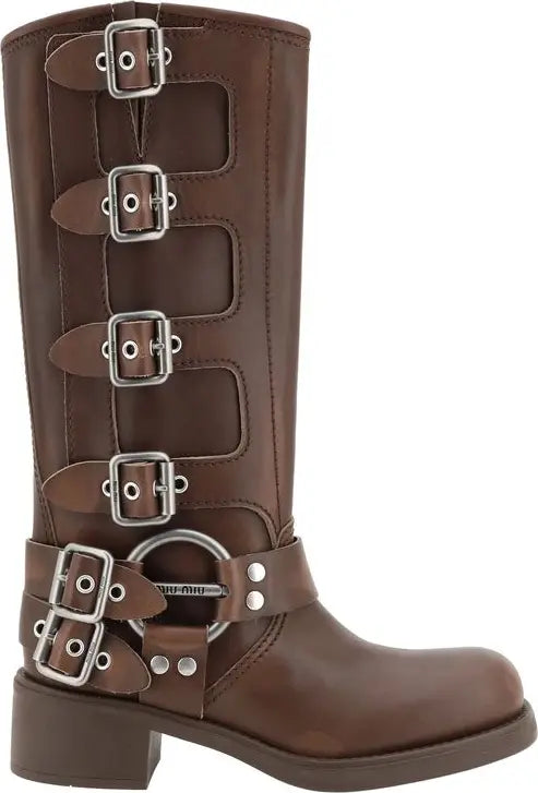 Miu Miu Brown Calf Leather Bos Taurus Lace-Up Boots