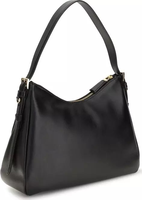A black leather hobo shoulder bag with gold-tone hardware, shown from a three-quarter angle against a plain white background.