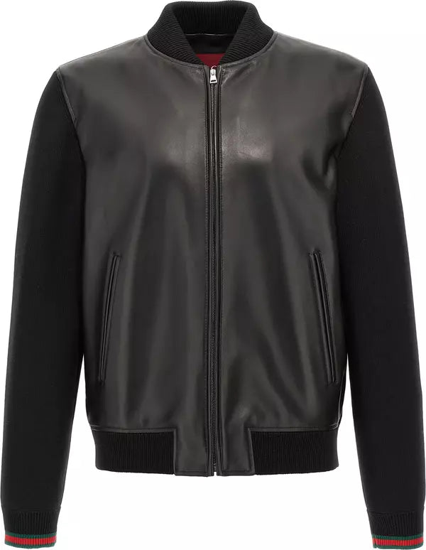 Gucci Black Lamb Leather & Knit Bomber Jacket