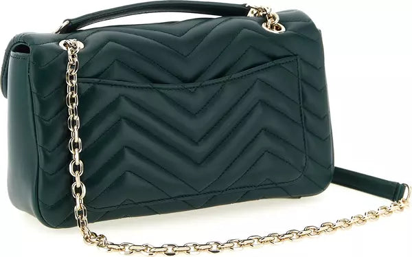 A dark green quilted leather handbag with a chevron pattern, featuring a top handle, a gold-tone chain strap, and a front pocket, set against a plain white background.
