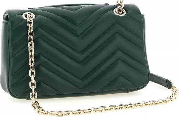 A dark green quilted leather shoulder bag with a silver-tone chain strap, shown against a plain white background.
