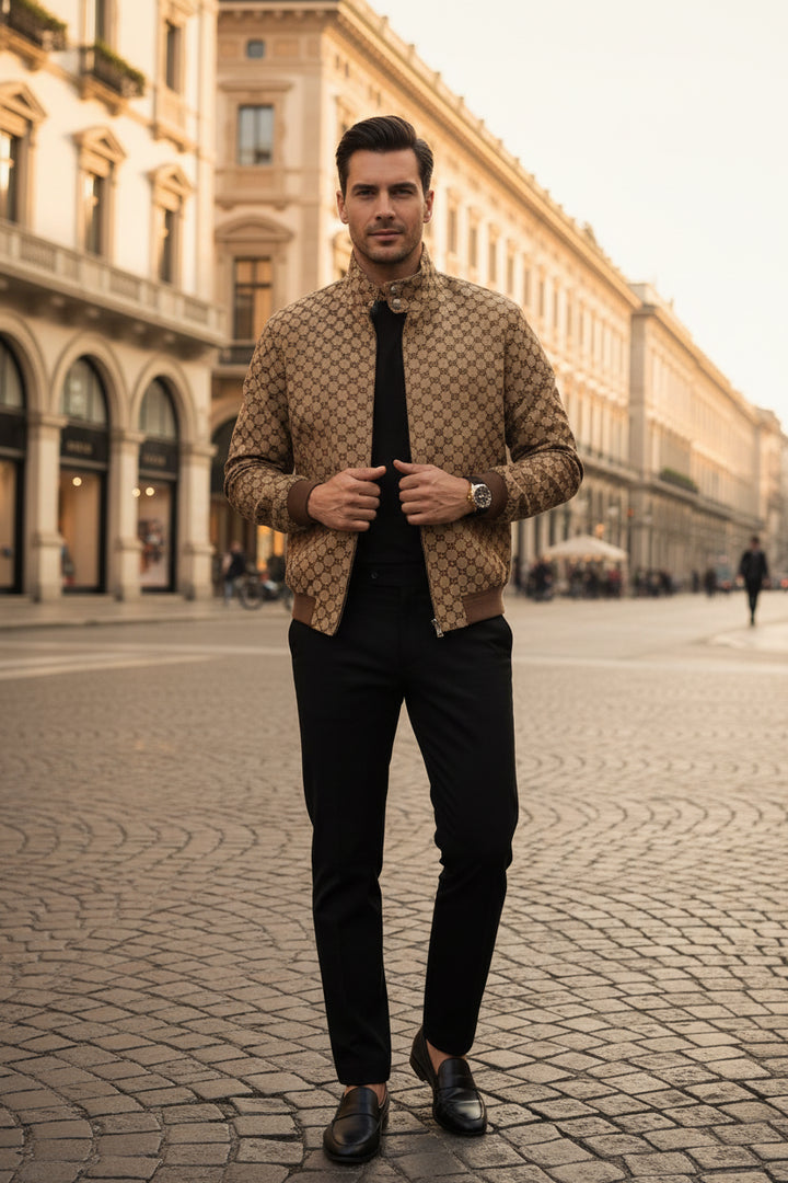 A brown and beige GG Supreme zip-up jacket with a stand-up collar, featuring the iconic interlocking GG monogram pattern across the entire fabric.