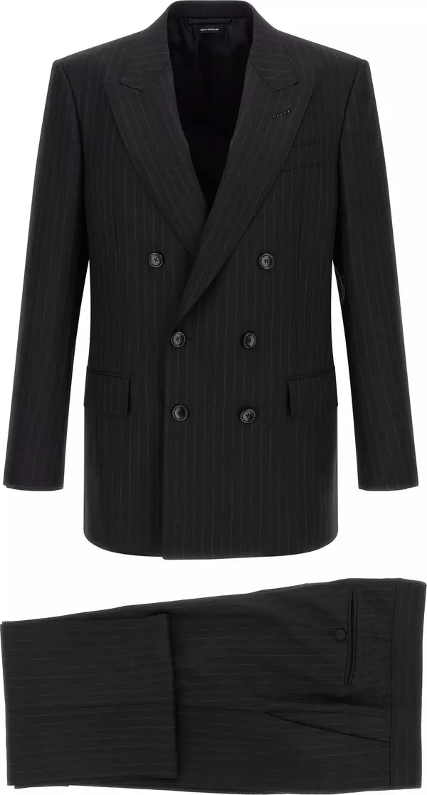 A black double-breasted pinstripe suit jacket with matching trousers, displayed against a solid white background.