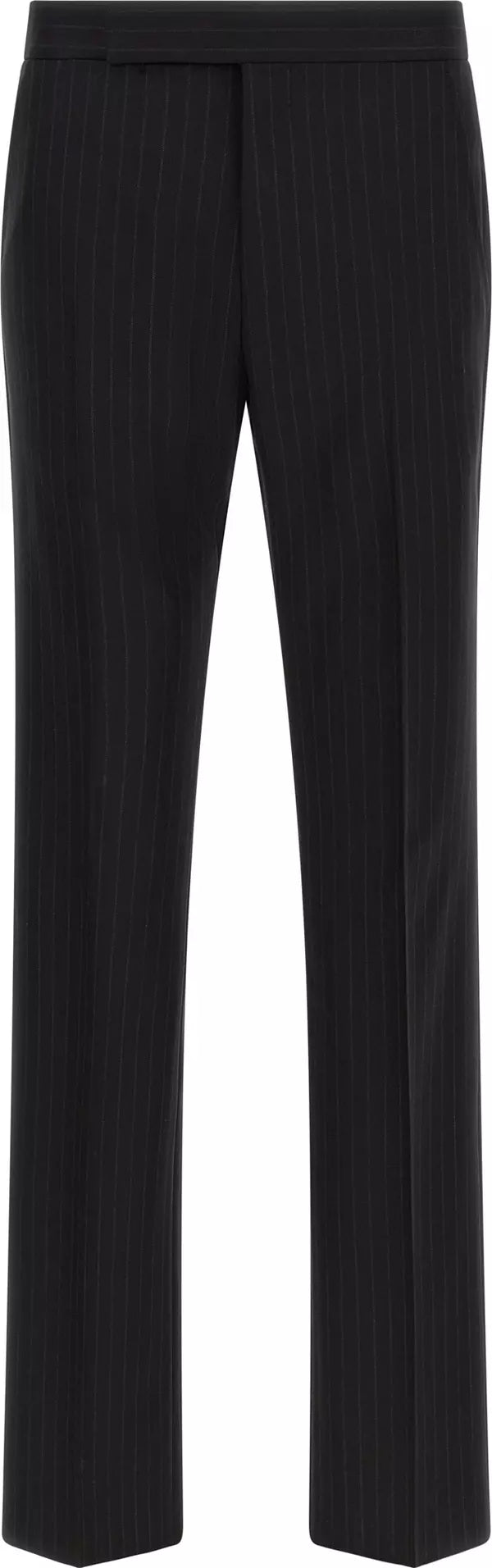 Black pinstriped trousers shown flat against a white background.