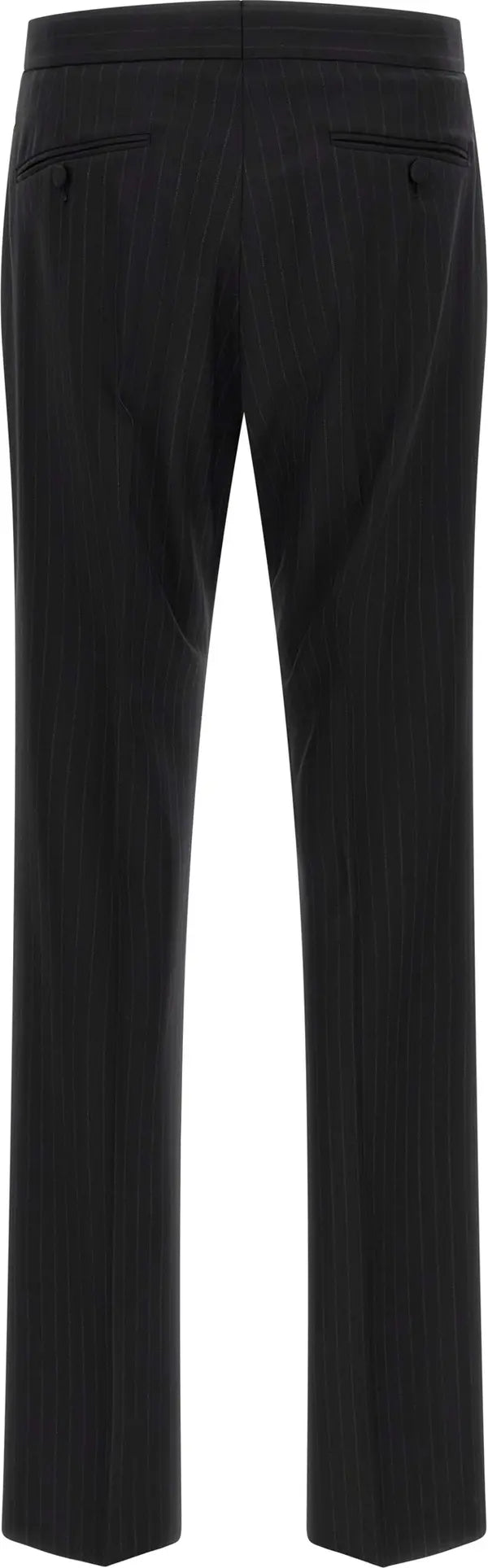 Black pinstriped trousers shown from the back, featuring a flat waistband and two welt back pockets, set against a plain white background.