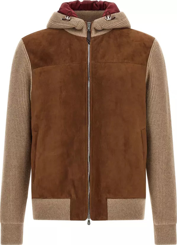 Brunello Cucinelli Brown Suede &amp; Cashmere Bomber Jacket
