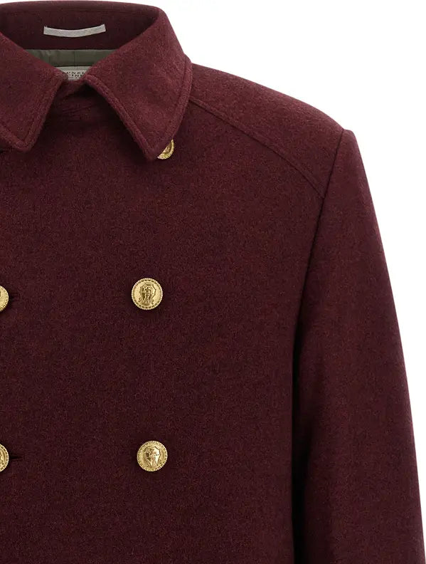 Brunello Cucinelli Bordeaux Cashmere Double-Breasted Coat
