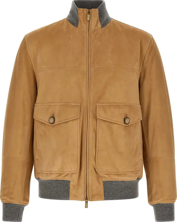 Brunello Cucinelli Beige Suede Bomber Jacket