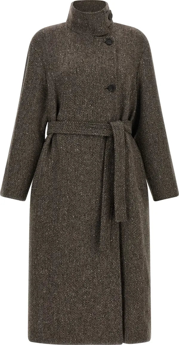 A mid-length brown herringbone wool coat with a high stand collar, front buttons, and a matching waist tie belt, shown against a plain white background.