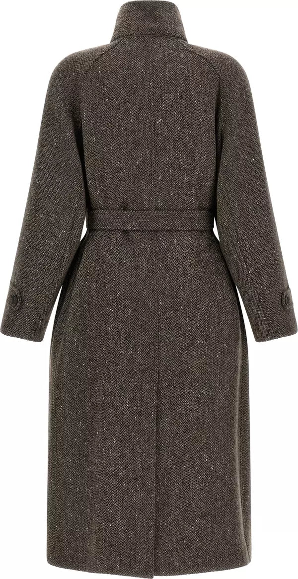 A dark brown herringbone wool coat with a high collar and a matching waist belt, shown from the back on a white background.